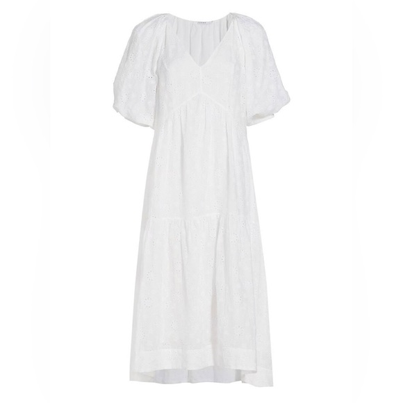 Frame Broderie Anglaise Ramie Puff Sleeve Midi Eyelet Dress in White - Picture 4 of 16